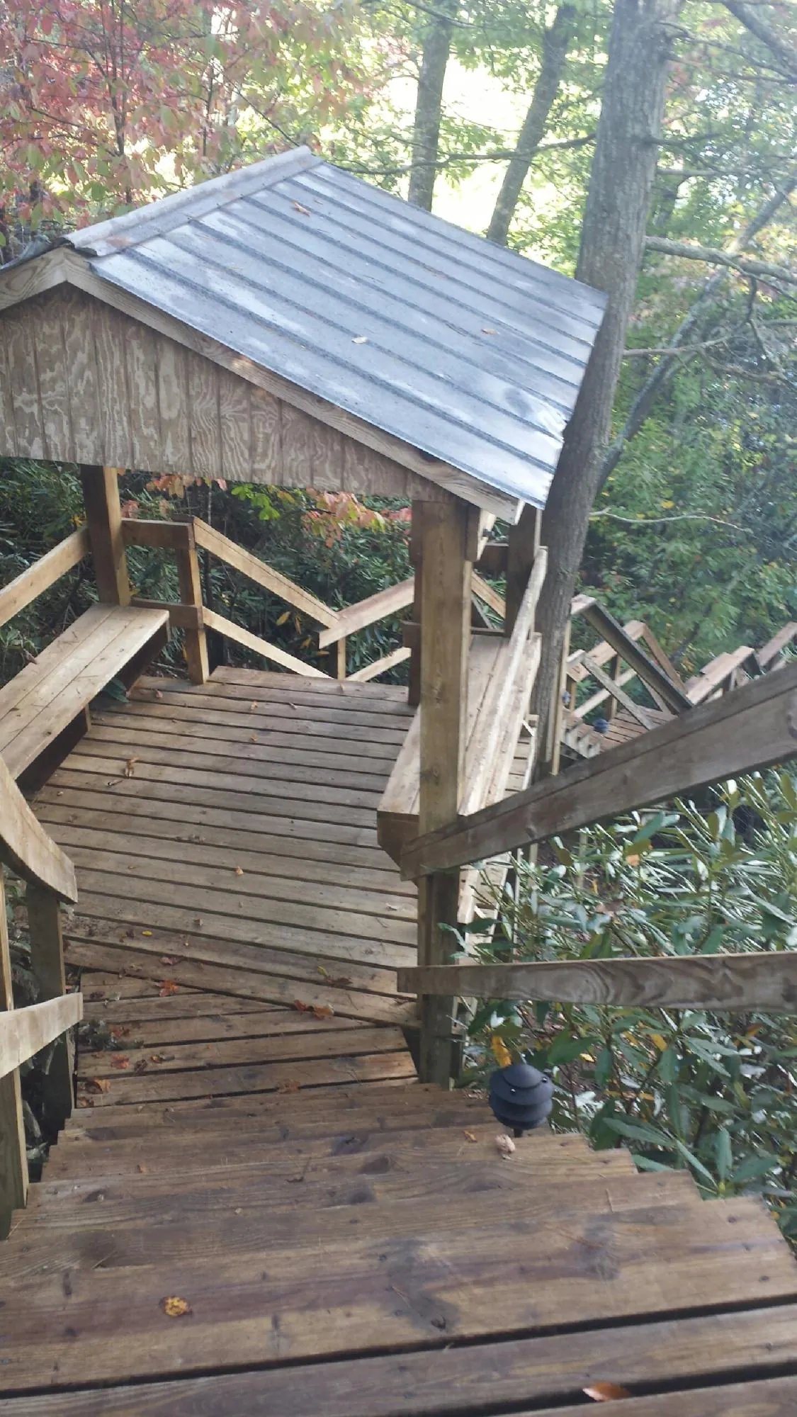 Metal roofed shelter over wooden steps on a wooded walkway — Skylight Repair & Installation work by our crew in Toledo
